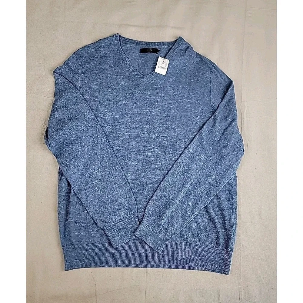 J.Crew V-Neck Sweater Mens XL Blue Marl Cotton C4611 Lightweight Ribbed Knit
